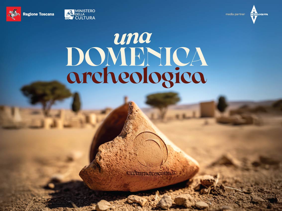 Una domenica archeologica - immagine dell'iniziativa (un reperto con inscritta la C di Cultura Toscana, nel contesto di un sito archeologico)